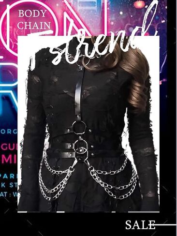 Fstrend Punk طبقات الصدر سلسلة شرابة جلدية الجسم تسخير بيان قلادة حزام سلاسل الحفلة الراقصة النادي الليلي مجوهرات الجسم للنساء والفتيات. in Kuwait