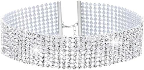 جونكي حجر الراين المختنق قلادة فضية كريستال القلائد 8 صف المختنقون سباركلي سلسلة عنق طوق حفلة موسيقية مجوهرات للنساء in Kuwait