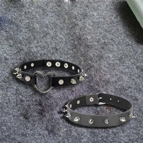 Mebvdebe الجلود المختنق 4 قطع هالوين مثير مجوهرات النساء سيدة فتاة الشرير المختنق القوطية سبايك شكل قلب السائق المختنق القوطي اكسسوارات مثير المختنق هدية الأسود in Kuwait