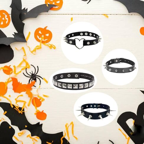 Mebvdebe الجلود المختنق 4 قطع هالوين مثير مجوهرات النساء سيدة فتاة الشرير المختنق القوطية سبايك شكل قلب السائق المختنق القوطي اكسسوارات مثير المختنق هدية الأسود in Kuwait