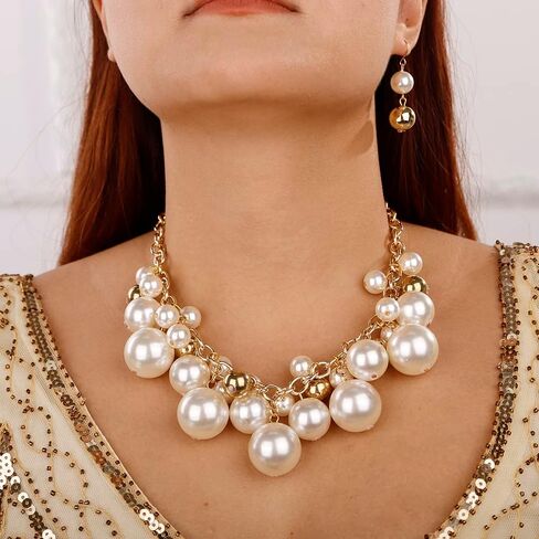 Aimimier 1920s Multilayer Faux Pearl Choker Necklace with Earrings Jewelry Set in Saudi Arabia