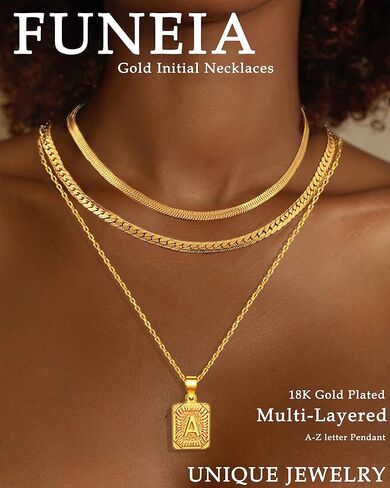 FUNEIA Layered Gold Initial Necklace for Women Trendy Dainty 18K Gold Plated Initial A-Z letter Pendant Necklace Stacked Layering Herringbone Flat Snake Chain Choker Necklaces Set Pack Jewelry Gifts in Kuwait