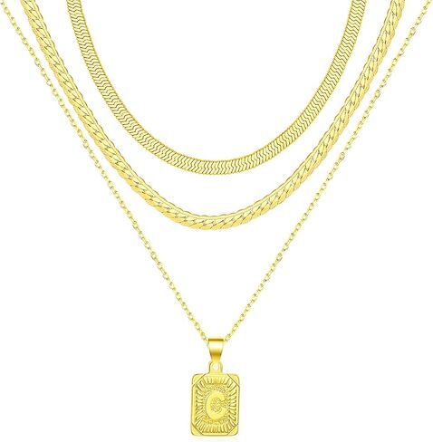 FUNEIA Layered Gold Initial Necklace for Women Trendy Dainty 18K Gold Plated Initial A-Z letter Pendant Necklace Stacked Layering Herringbone Flat Snake Chain Choker Necklaces Set Pack Jewelry Gifts in Kuwait