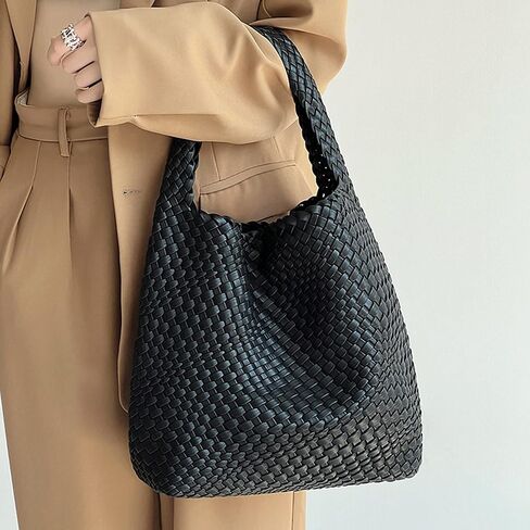 Women Woven Tote Bag Vintage Shoulder Bag Soft Foldable Top-Handle Fashion Handbag Composite Bag with Coin Purse in Saudi Arabia
