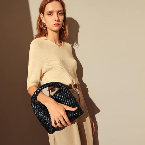 Women Woven Tote Bag Vintage Shoulder Bag Soft Foldable Top-Handle Fashion Handbag Composite Bag with Coin Purse in Saudi Arabia
