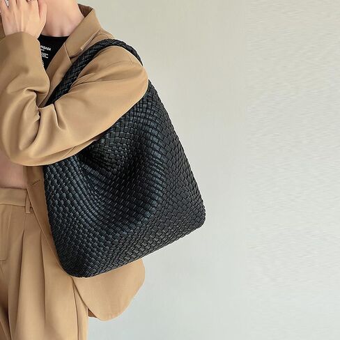 Women Woven Tote Bag Vintage Shoulder Bag Soft Foldable Top-Handle Fashion Handbag Composite Bag with Coin Purse in Saudi Arabia