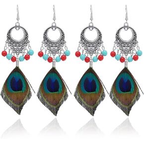 Punk Vintage Long Tassel Feather Beads Drop Wolf Tooth Pendant Earring Fish Hook Earrings