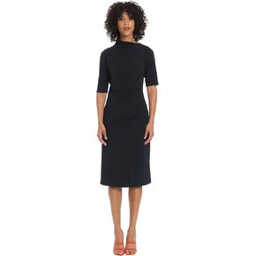 Maggy London Women's Side Pleat Dress with Asymmetric Neck and Elbow Sleeves