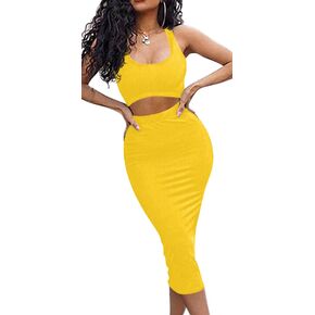 GOBLES Women's Sexy Summer Outfits Bodycon Tank Top Midi Skirt 2 Piece Dress in Kuwait