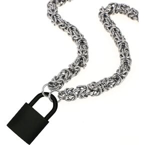 LEWECEEO Lock Necklace Stainless Steel Collar Byzantine Chain Necklace Heart Padlock Necklace for Women Men