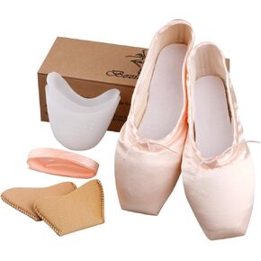 أحذية رقص الباليه من KUKOME أحذية مدببة من الساتان الوردي مع شريط ووسادات لأصابع القدم للسيدات in Kuwait