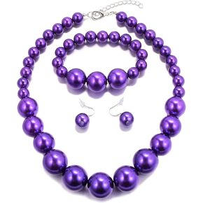 VAQINED Women Big Faux Pearl Necklace Bracelet and Earrings Set Large Pearl Jewelry