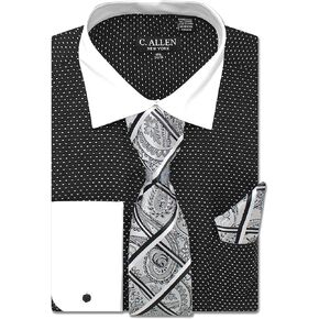 Men's Pin Dot Regular Fit French Cuffs Long Sleeve Dress Shirts with Tie Hanky Cufflinks Combo in Kuwait