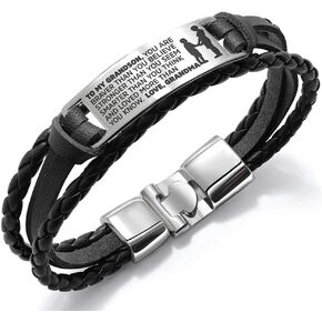 COMTRUDE To My Grandson Bracelets, Stainless Steel Leather Inspirational Wristband, Grandson Bracelet From Grandma, Grandson Gift