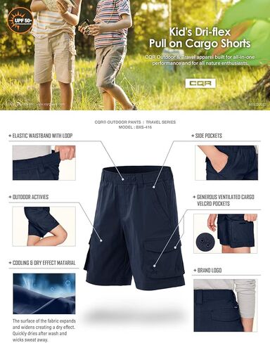 شورت كارجو للأطفال من CQR، شورت للتخييم والتنزه في الهواء الطلق، شورت رياضي خفيف الوزن بخصر مطاطي مع جيوب in Kuwait