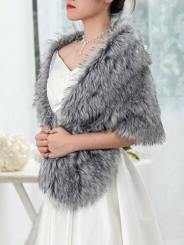 EASEDAILY Women's Fur Shawls and Wraps Wedding Fur Scarf Faux Bridal Fur Stole with Brooch for Brides and Bridesmaids in Kuwait