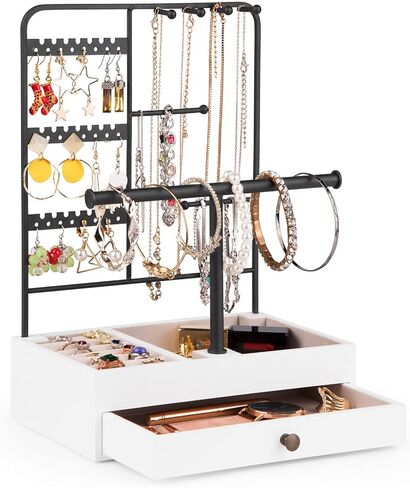 سريواتا حامل منظم مجوهرات، حامل أقراط من 3 طبقات، منظم 4 قلائد، حامل سوار مع 7 أخاديد للخواتم ودرج خشبي للأقراط والقلائد والأساور والخواتم in Kuwait