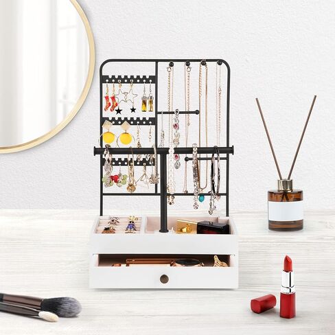 سريواتا حامل منظم مجوهرات، حامل أقراط من 3 طبقات، منظم 4 قلائد، حامل سوار مع 7 أخاديد للخواتم ودرج خشبي للأقراط والقلائد والأساور والخواتم in Kuwait