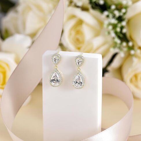 EAMTI Silver Dangle Earrings for Women Cubic Zirconia Teardrop Bridal Wedding Earrings 925 Sterling Silver Post Rhinestone Earring in Kuwait