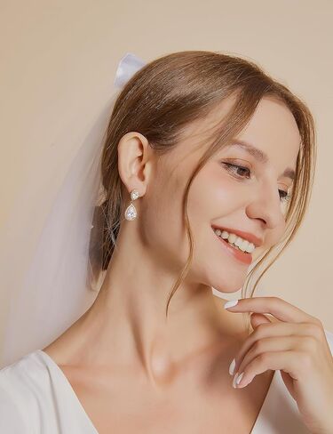 EAMTI Silver Dangle Earrings for Women Cubic Zirconia Teardrop Bridal Wedding Earrings 925 Sterling Silver Post Rhinestone Earring in Kuwait