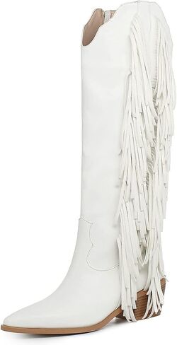 KiutSymo Cowgirl Fringe Boots for Women Knee High Cowboy Boots | Fringe Cowboy Boots for Women, Pointed Toe Tassels Chunky Heel Western Cowgirl Boots, Country Music Festivals Wedding Party in Saudi Arabia