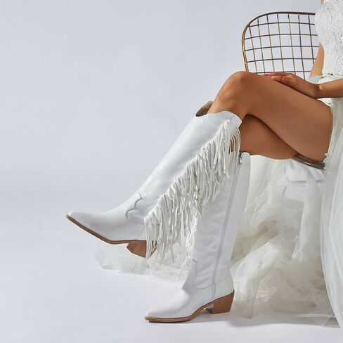 KiutSymo Cowgirl Fringe Boots for Women Knee High Cowboy Boots | Fringe Cowboy Boots for Women, Pointed Toe Tassels Chunky Heel Western Cowgirl Boots, Country Music Festivals Wedding Party in Saudi Arabia
