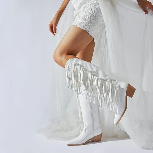 KiutSymo Cowgirl Fringe Boots for Women Knee High Cowboy Boots | Fringe Cowboy Boots for Women, Pointed Toe Tassels Chunky Heel Western Cowgirl Boots, Country Music Festivals Wedding Party in Saudi Arabia