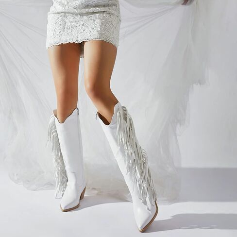 KiutSymo Cowgirl Fringe Boots for Women Knee High Cowboy Boots | Fringe Cowboy Boots for Women, Pointed Toe Tassels Chunky Heel Western Cowgirl Boots, Country Music Festivals Wedding Party in Saudi Arabia