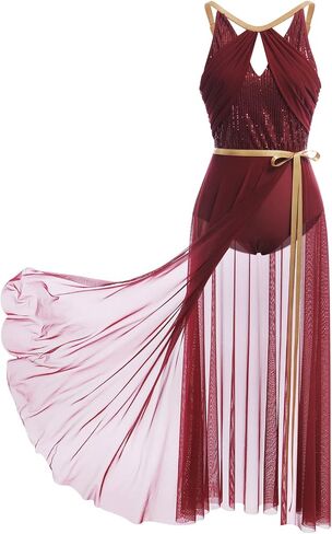 AFAVOM Women's Lyrical Dance Dress Contemporary Dance Costume Sequin Ballet Leotard + Long Sheer Wrap Skirt Lyrical Outfit in Kuwait