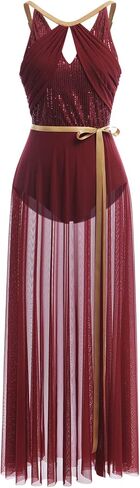 AFAVOM Women's Lyrical Dance Dress Contemporary Dance Costume Sequin Ballet Leotard + Long Sheer Wrap Skirt Lyrical Outfit in Kuwait