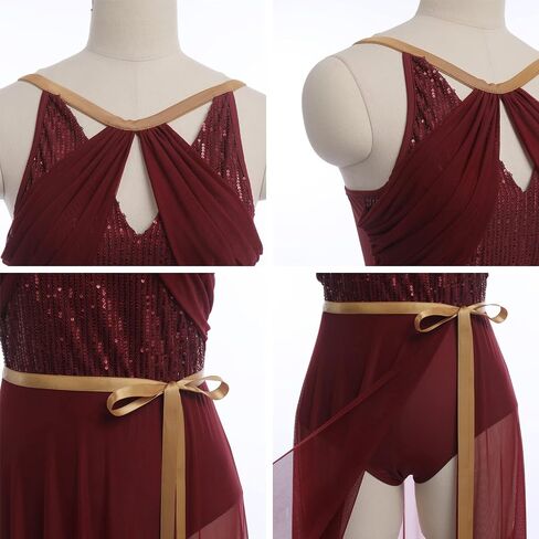 AFAVOM Women's Lyrical Dance Dress Contemporary Dance Costume Sequin Ballet Leotard + Long Sheer Wrap Skirt Lyrical Outfit in Kuwait