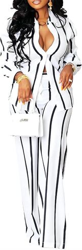 Remelon Women’s Casual Two Piece Outfits Striped Long Sleeve Collar Button Down Shirt Blouse High Waist Wide Leg Pants Sets in Kuwait