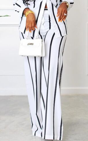 Remelon Women’s Casual Two Piece Outfits Striped Long Sleeve Collar Button Down Shirt Blouse High Waist Wide Leg Pants Sets in Kuwait