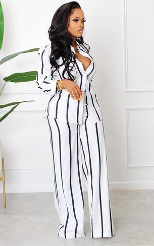 Remelon Women’s Casual Two Piece Outfits Striped Long Sleeve Collar Button Down Shirt Blouse High Waist Wide Leg Pants Sets in Kuwait
