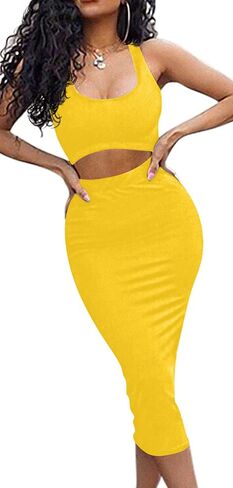 GOBLES Women's Sexy Summer Outfits Bodycon Tank Top Midi Skirt 2 Piece Dress in Kuwait