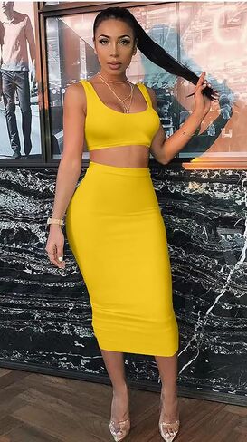 GOBLES Women's Sexy Summer Outfits Bodycon Tank Top Midi Skirt 2 Piece Dress in Kuwait