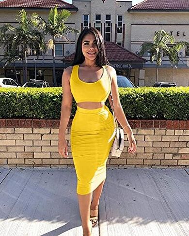 GOBLES Women's Sexy Summer Outfits Bodycon Tank Top Midi Skirt 2 Piece Dress in Kuwait