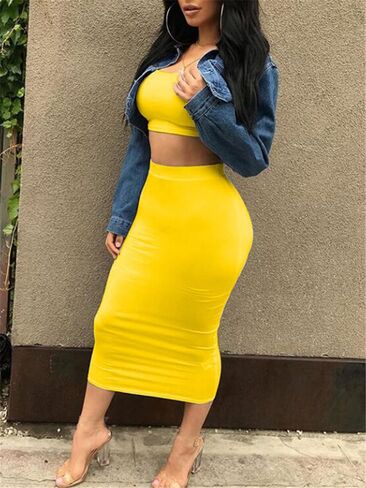 GOBLES Women's Sexy Summer Outfits Bodycon Tank Top Midi Skirt 2 Piece Dress in Kuwait