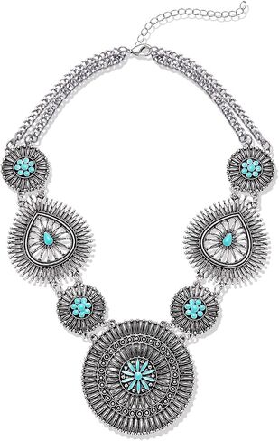 NLCAC Turquoise Statement Necklace Boho Squash Blossom Concho Pendant Collar Bib Necklace Western Turquoise Jewelry for Women in Kuwait