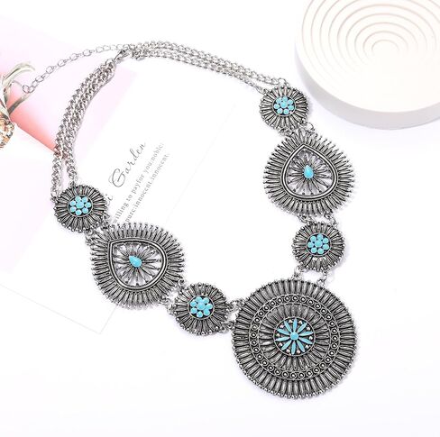 NLCAC Turquoise Statement Necklace Boho Squash Blossom Concho Pendant Collar Bib Necklace Western Turquoise Jewelry for Women in Kuwait