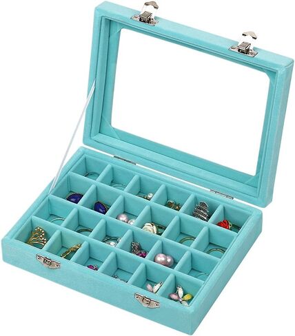 LANTWOO 24 Grids Velvet Glass Ring Earrings Jewelry Box Earrings Organiser Storage Holder Display Case in Kuwait