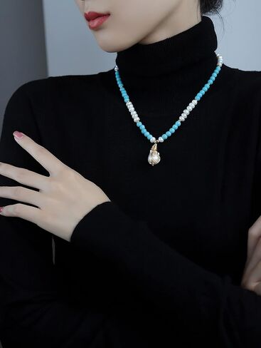 كاولاين عقد بقلادة من اللؤلؤ الباروكي، سلسلة تركواز، سلك ذهبي عيار 18 قيراط ملفوف يدويا بنمط بوهيمي قابل للتعديل، مجوهرات عصرية لعيد الحب للنساء والفتيات والام in Kuwait