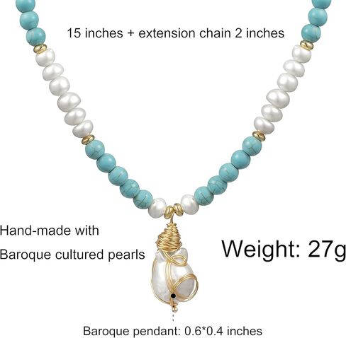 كاولاين عقد بقلادة من اللؤلؤ الباروكي، سلسلة تركواز، سلك ذهبي عيار 18 قيراط ملفوف يدويا بنمط بوهيمي قابل للتعديل، مجوهرات عصرية لعيد الحب للنساء والفتيات والام in Kuwait