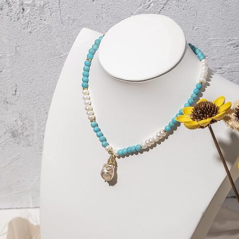 كاولاين عقد بقلادة من اللؤلؤ الباروكي، سلسلة تركواز، سلك ذهبي عيار 18 قيراط ملفوف يدويا بنمط بوهيمي قابل للتعديل، مجوهرات عصرية لعيد الحب للنساء والفتيات والام in Kuwait