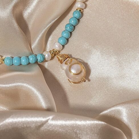 كاولاين عقد بقلادة من اللؤلؤ الباروكي، سلسلة تركواز، سلك ذهبي عيار 18 قيراط ملفوف يدويا بنمط بوهيمي قابل للتعديل، مجوهرات عصرية لعيد الحب للنساء والفتيات والام in Kuwait
