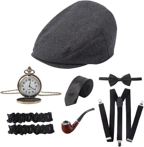 إكسسوارات 1920s للرجال 20s Gatsby Newsboy Hat Accessories Set Gangster Suspenders ساعة جيب (أسود) in Kuwait