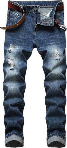 COOSVEN Men Ripped Jeans, Slim Fit Straight Leg, Denim Pants with Holes in Kuwait