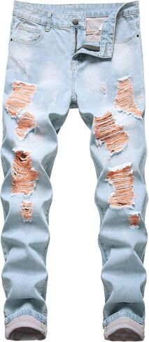 COOSVEN Men Ripped Jeans, Slim Fit Straight Leg, Denim Pants with Holes in Kuwait