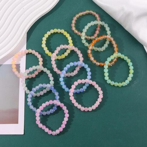 FINZOR 24Pcs 8mm Beaded Stretch Bracelet Handmade Round Glass Bracelet for Women Multicolor Matte Beads Elastic Bracelet Shining Beads Wristband Valentines Jewelry in Kuwait