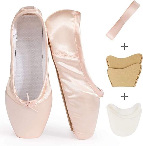 أحذية رقص الباليه من KUKOME أحذية مدببة من الساتان الوردي مع شريط ووسادات لأصابع القدم للسيدات in Kuwait